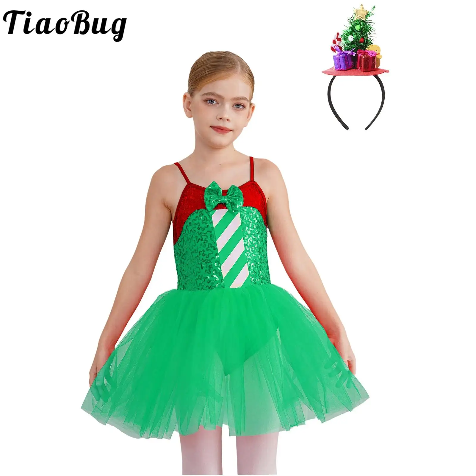 

Girls Christmas Stripes Leotard Tutu Dress Leotard Ballet Dance Carnival Party Sleeveless Bow Sequins Tulle Dress with Hair Hoop