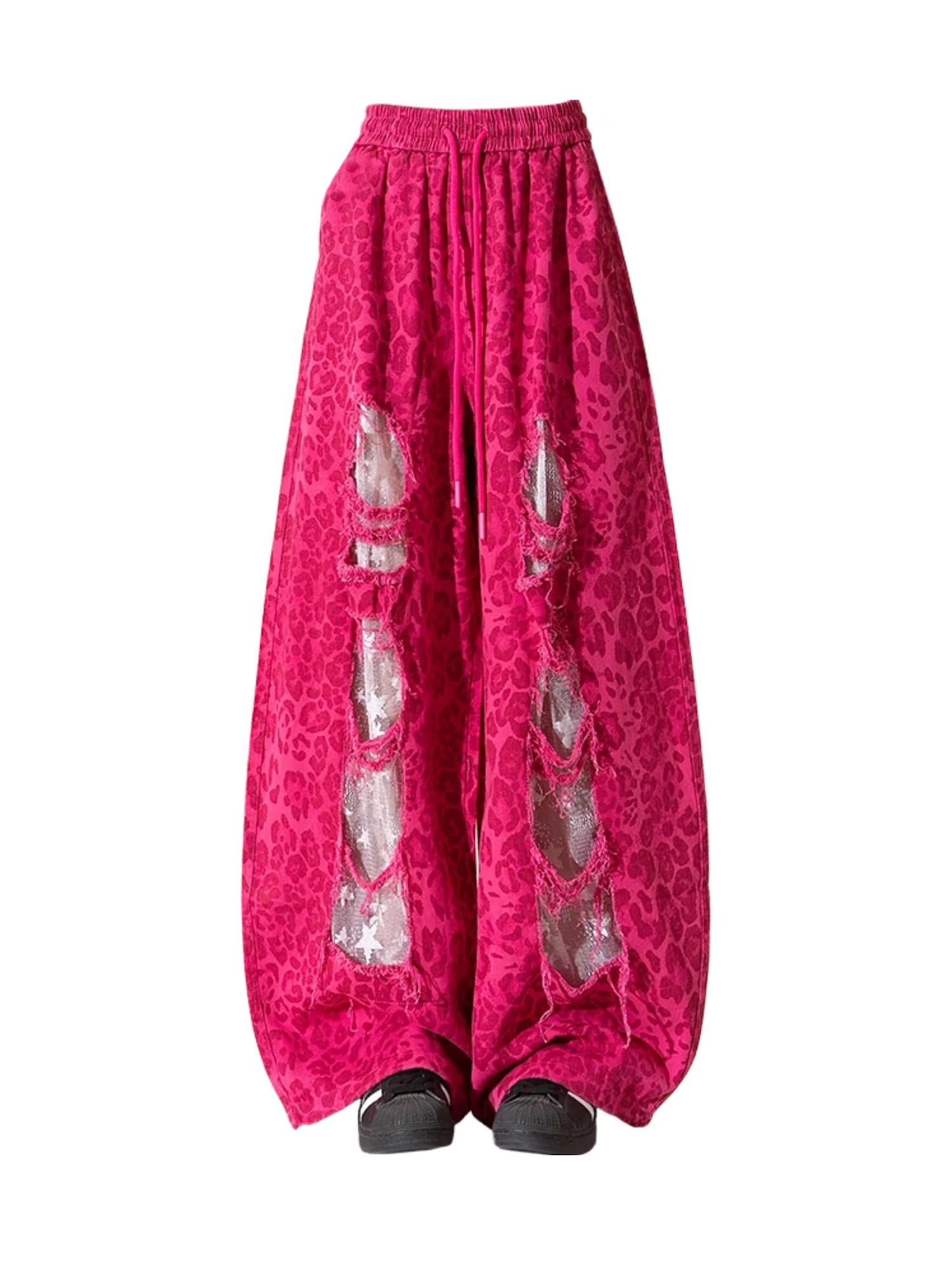 

Women's Pink Baggy Leopard Pants Lace Patchwork Sweatpants Long Pants Harajuku Japanese 2000s Style Y2k Gyaru Vintage Trousers