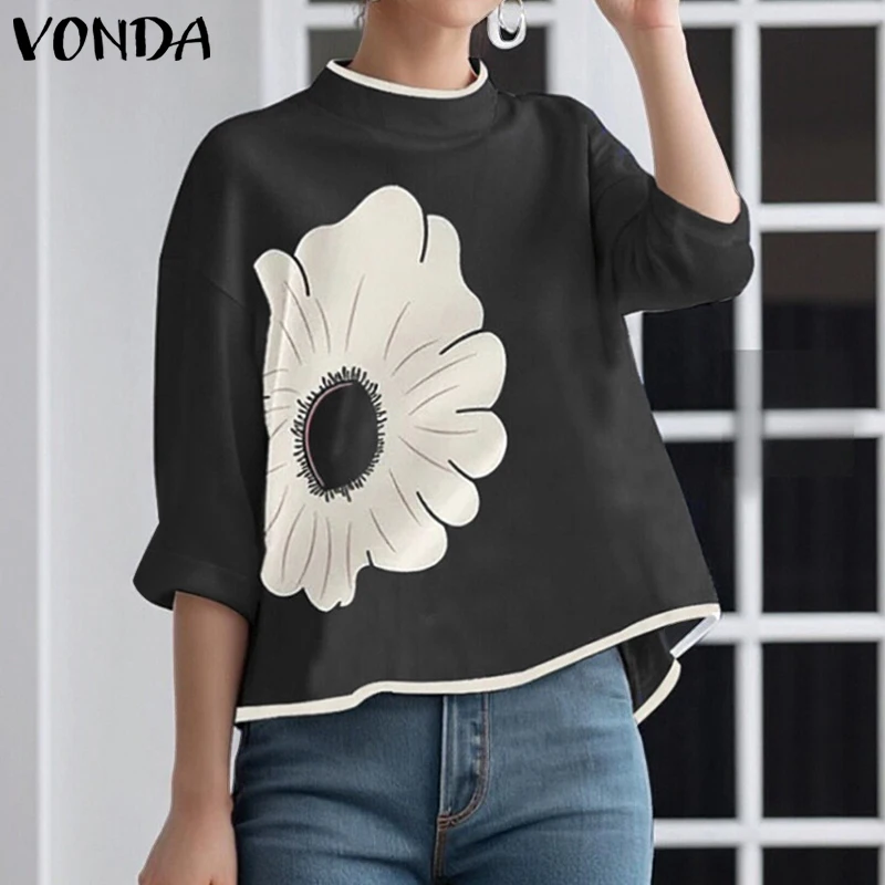 

Блузка VONDA больших размеров 5XL, женская, с цветочным принтом, модная, с рукавом 3/4, повседневная, летняя, элегантная, для офиса, топы, блузы для женщин