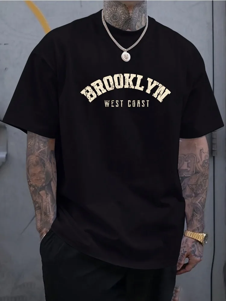 Men Summer Cotton Short Sleeve T Shirt Vintage Brooklyn West Coast Arched Letter Print Crew Neck Retro Street Casual Male Tee