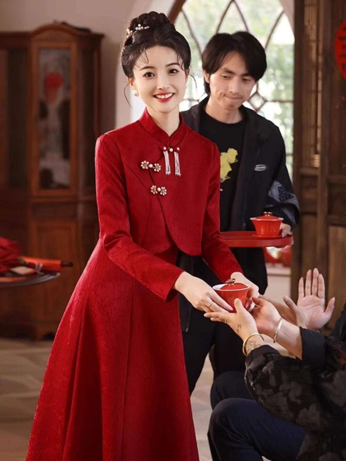 

Ele Red Wedding Dr Fem Design High Waist A-Line Skirt Long Sve Zipper Sle Diamond Decorated Engagement Suit