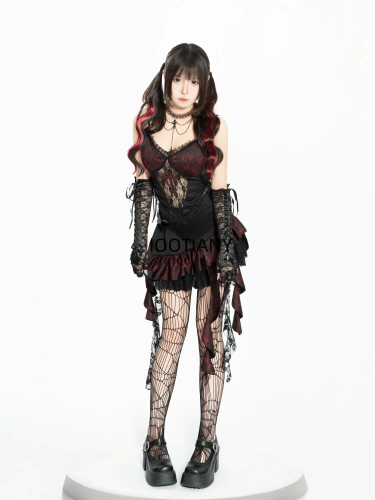 CosplayHalloween موضة مثير فتاة سوداء الصليب الحمالة الأعلى غير النظامية تنورة هيم أداء الرقص فستان بتصميم حالم شقيقة زي N