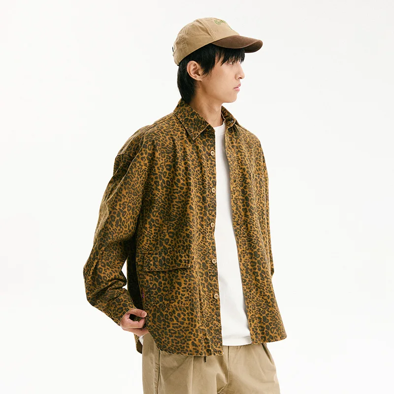 American Retro Leopard Print Oversize Shirt for Men Women Streetwear Fashion Washed Cotton Loose Casual Cargo Shirt Jacket Tops