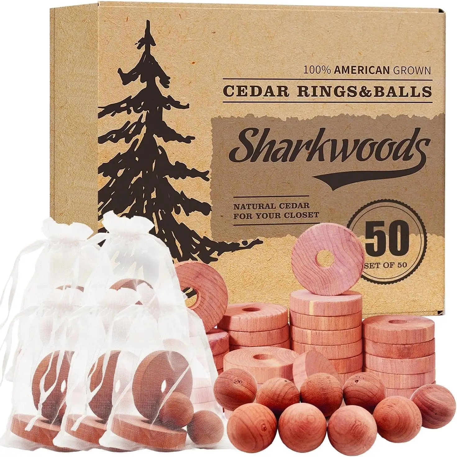 

Natural Cedar Blocks for Clothes Storage - 50 Pack Rings & Balls, Moth Repellent for Closets & Drawers