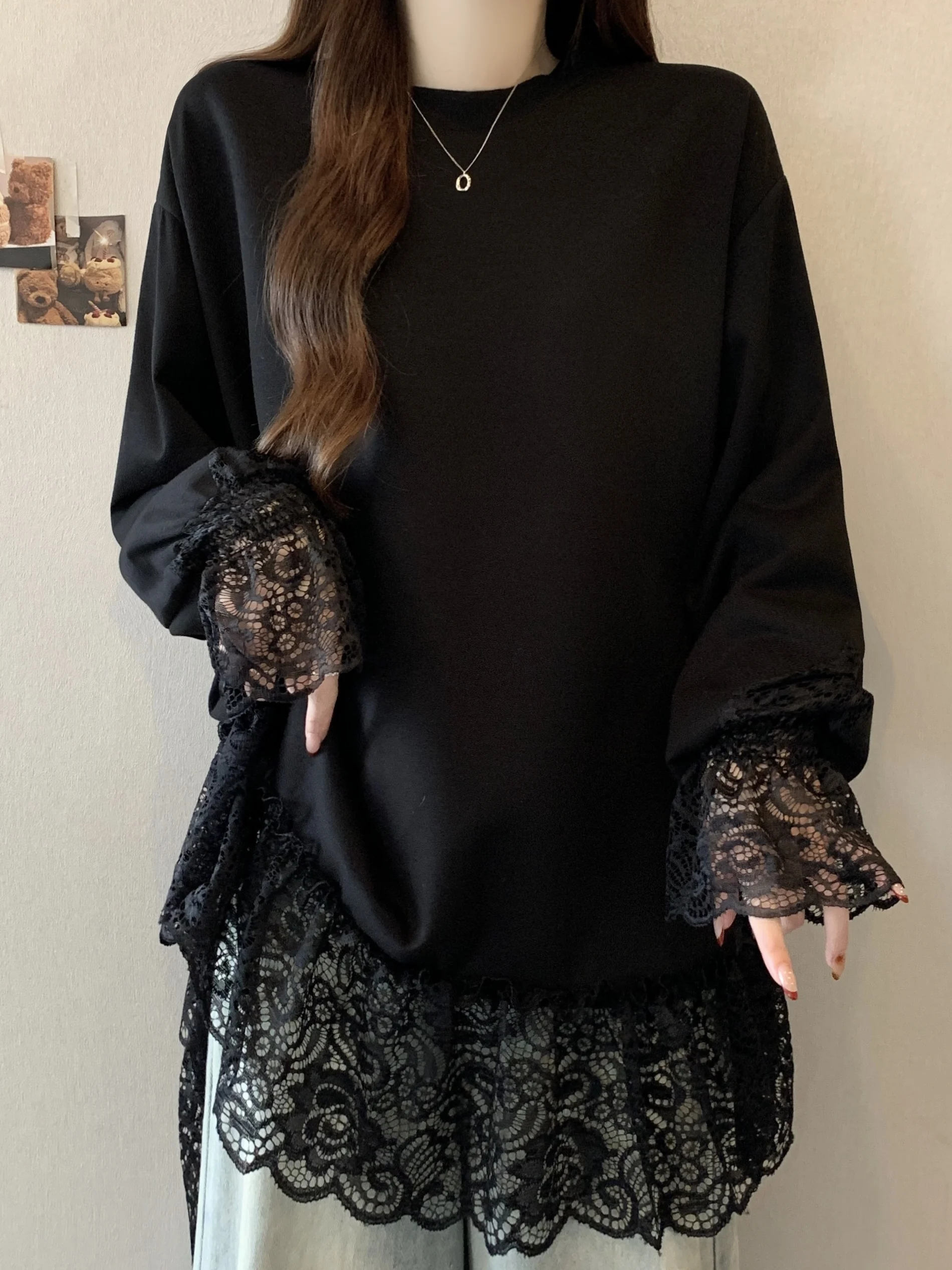 Lace Splice Base Shirt Hoodie Women's Spring Autumn New Large Size Fat MM Slimming Mid-Length Butt Covering Top