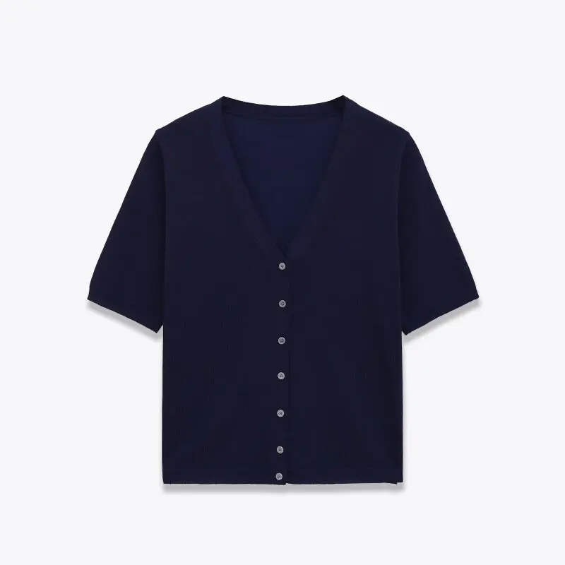 

Women’s Short Sleeve Single Breasted Knit Round Neck Top Casual Summer Button Down Blouse