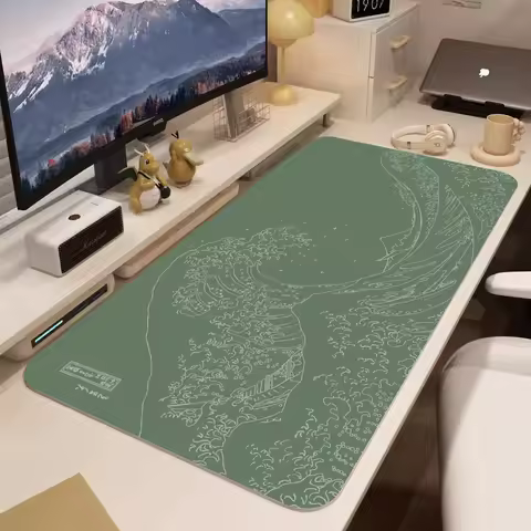 Japanese Great Wave Desk Mat green Mousepad Hokusai Japan Ukiyo-e edo line art sage aesthetic Large wide long Gaming mouse pad