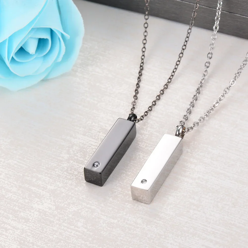 Custom Stainless Steel Vertical Cubic Bar Container Urn Memorial Pendant Necklace Ash Keepsake Cremation Jewelry Hypoallergenic