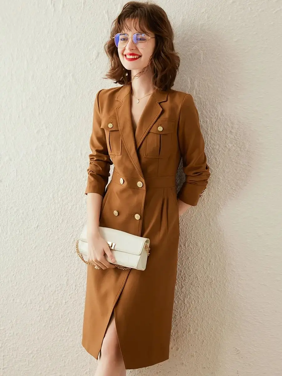 LOUIS YAO Women Dress 2024 Spring Suit Dress Elegant Turn-down Collar Slim Long Sleeve Knee-length Mid Length Women\'s Dress