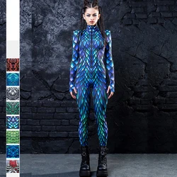 Women Men Punk Future Robot Dragon Snake Python Skull 3D Print Jumpsuit Adult Halloween Cosplay Costume Party Role Play Bodysuit