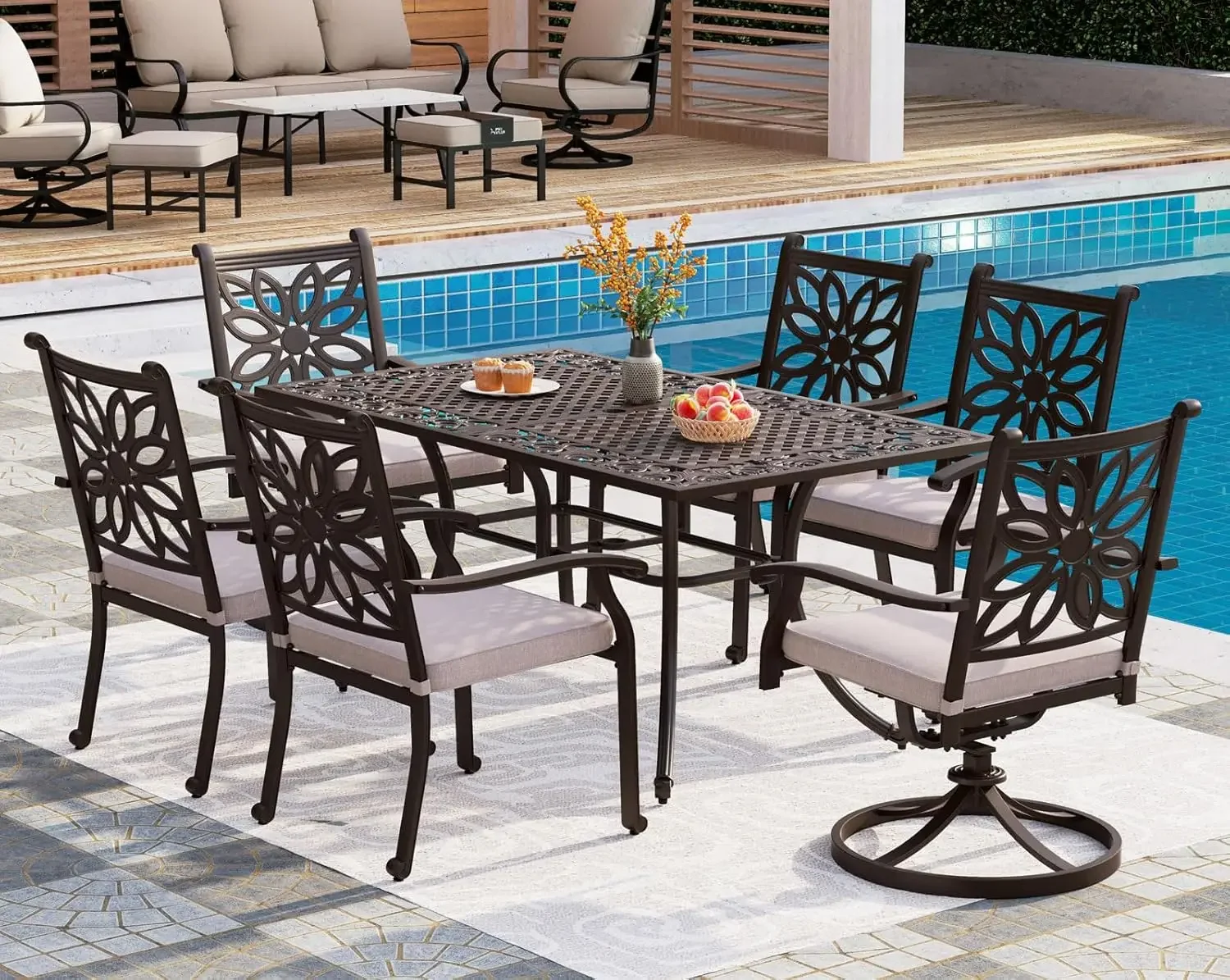 Cast Aluminum Patio Dining Set for 6 Person, 7 Piece Outdoor Patio Set with 64