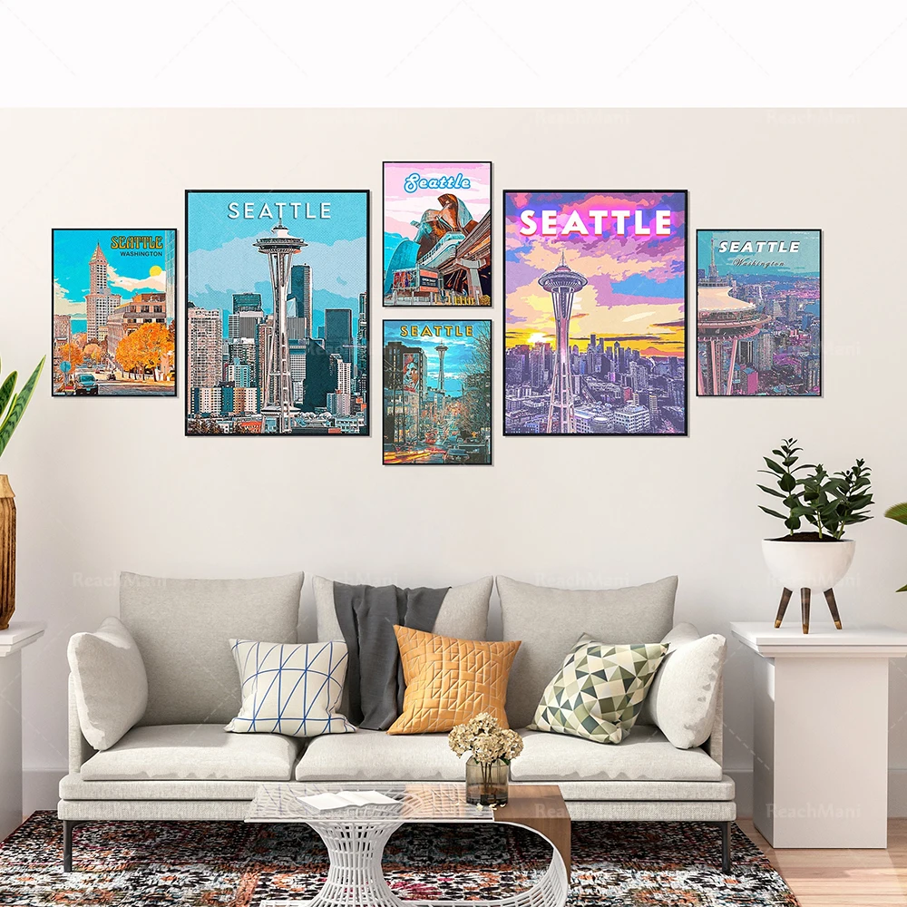 Seattle Space Needle Retro Travel Poster Wall Art Gallery, Printable USA Skyline, Retro Style Wall Art Gallery Aesthetic Picture