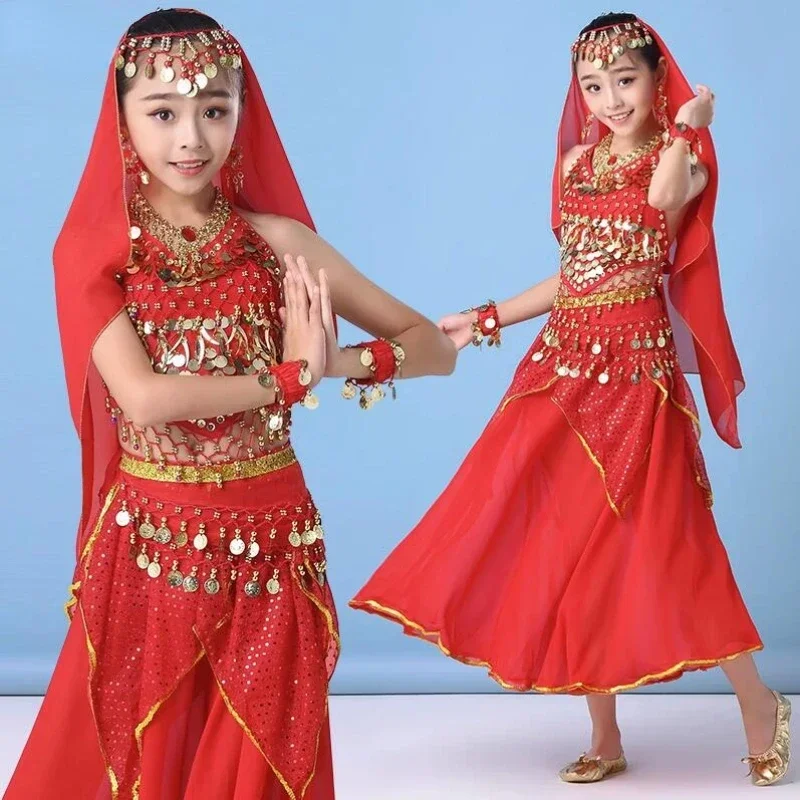 

Girls India Belly Clothes Oriental Bollywood Dance Wear 3 Color Belly Dance Costume Set Kids Child Performance Dance Wear