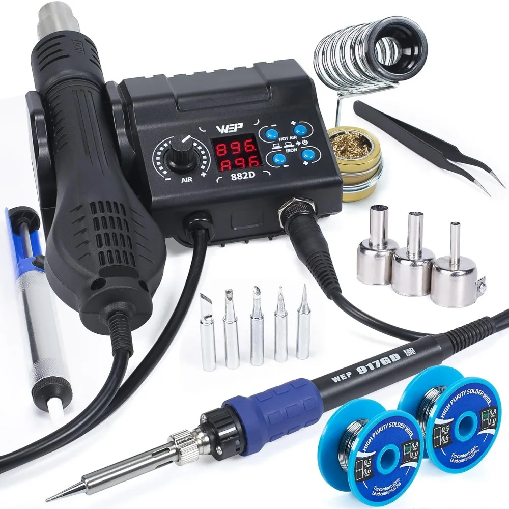 

Best Selling 882D Soldering Iron Station 2-IN-1 SMD Hot Air Rework Station with 2 Spools of Solder Wire, 5 Soldering Tips