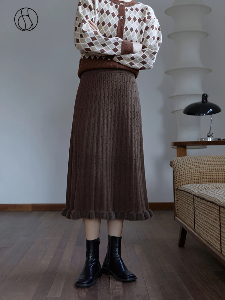 DUSHU Women Winter Retro Coffee Color Thicken Knitted Skirt Temperament Twist Texture A-line Skirt Women Black All-match Skirts