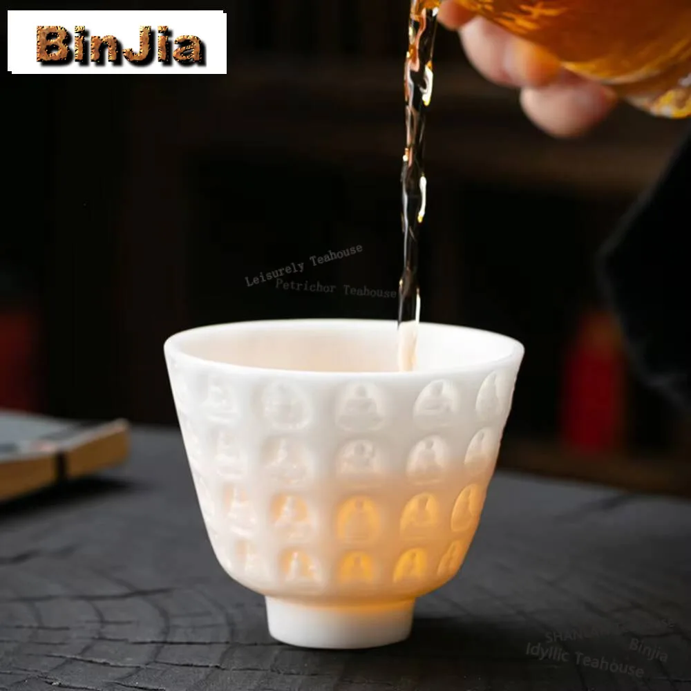 110ml High End Ice Jade Porcelain Master Cup Relief Thousand Buddha Teacup Female Single Personal Tea Bowl Chazhan Drinkware