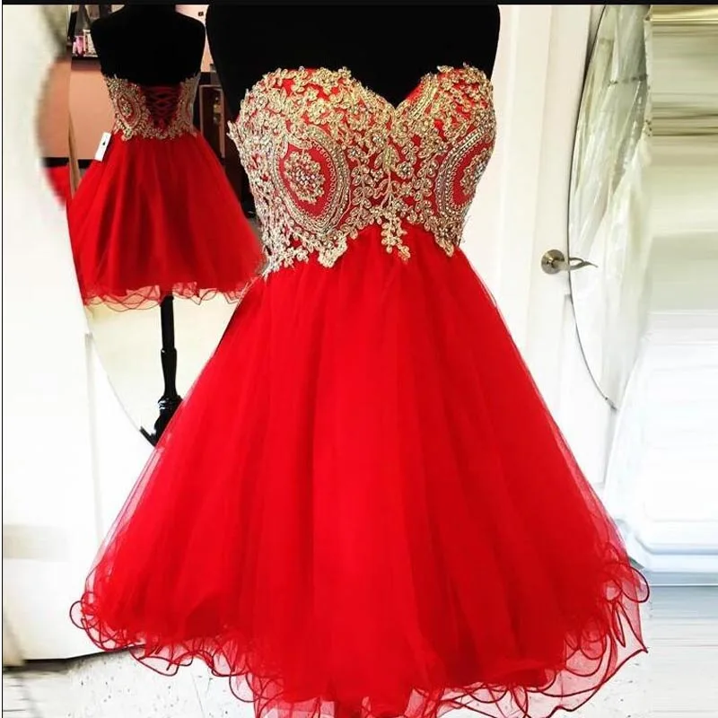 ANGELSBRIDEP Red Short Elegant Bridal Gowns Tulle Homecoming Dresses Cocktail Party Sweet 16 Dress Beading Gold Lace Custom