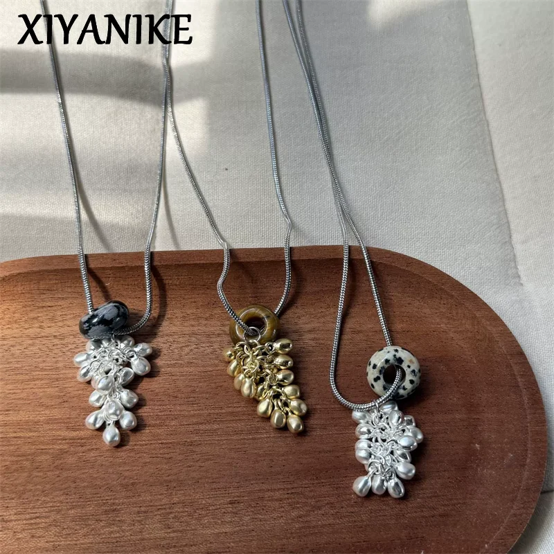 

XIYANIKE Spotted Tiger Eye Stone Grape Pendant Long Necklaces For Women French Fashion New Sweater Chain Jewelry Gift Party