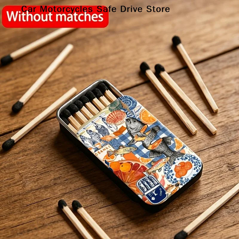 【M】Retro Vintage Floral Fire Metal Push Pull Box Does Not Include Matches Supports Match/Coin/Accessory Storage Gifts Decoration