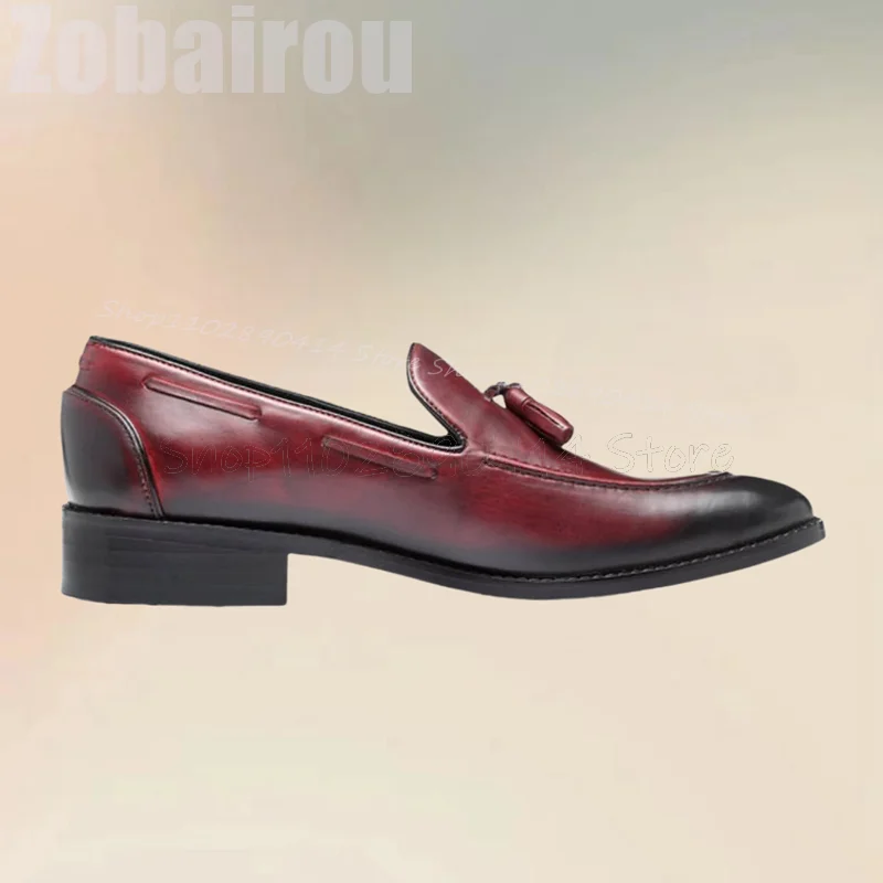 

Burgandy Black Tassels Decor Sewing Design Loafers Fashion Slip On Men Shoes Luxury Handmade Party Feast Office Men Dress Shoes