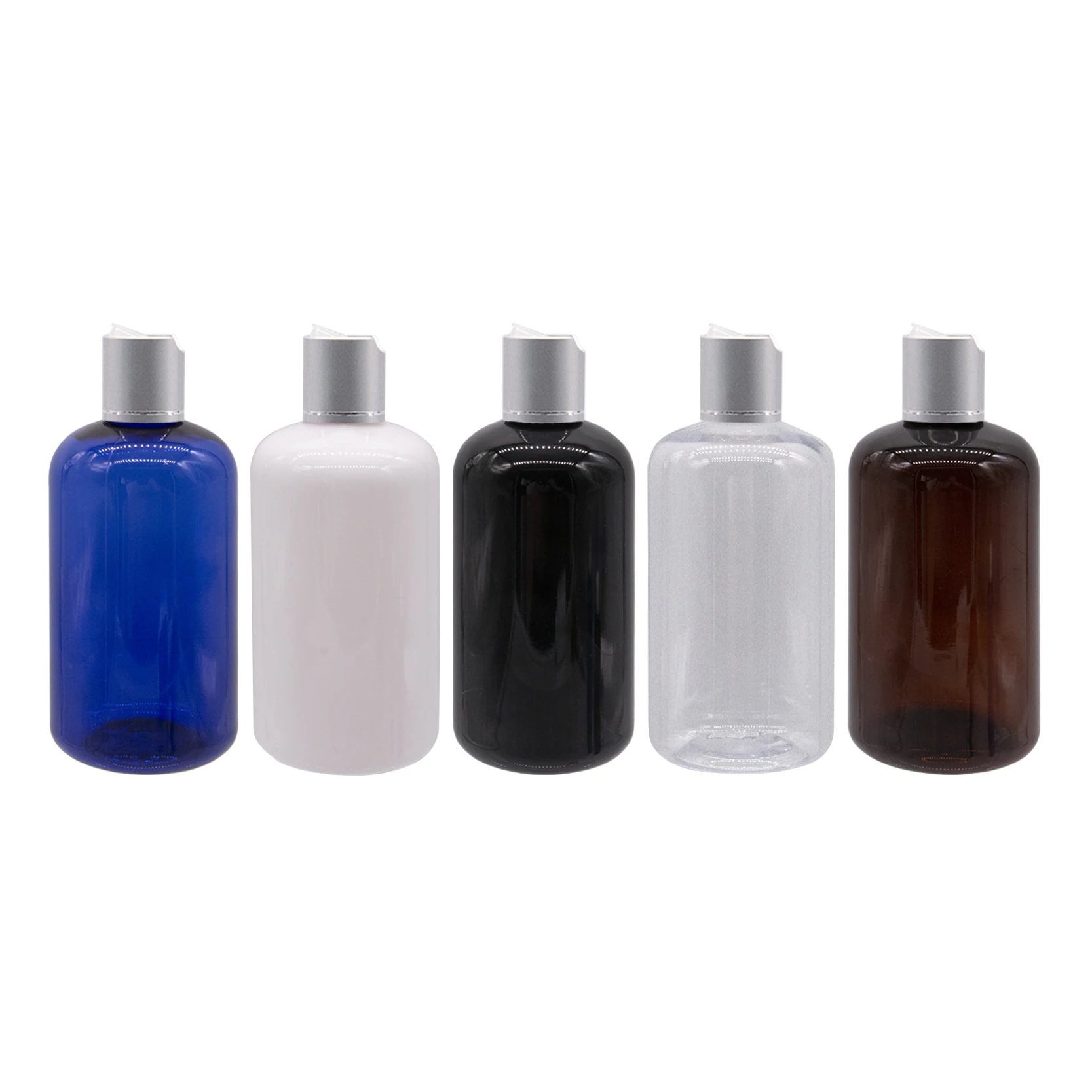 250ml X 24 Empty White Blue Black Brown  Plastic Container Silver Disc Top Cap Cosmetics Liquid Soap Bottles Shampoo Lotion