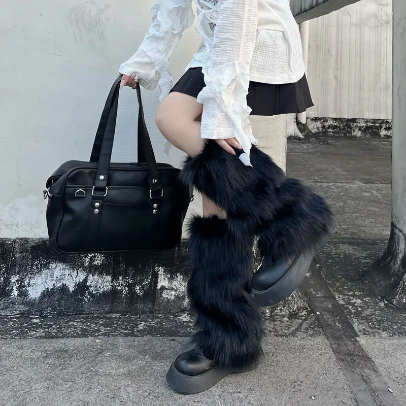 Y2k Solid Thickened Fluffy Legger Warmer Punk Gothic Black Fur Boots Y2k Long Warmer Foot Cover Harajuku Party Accessories