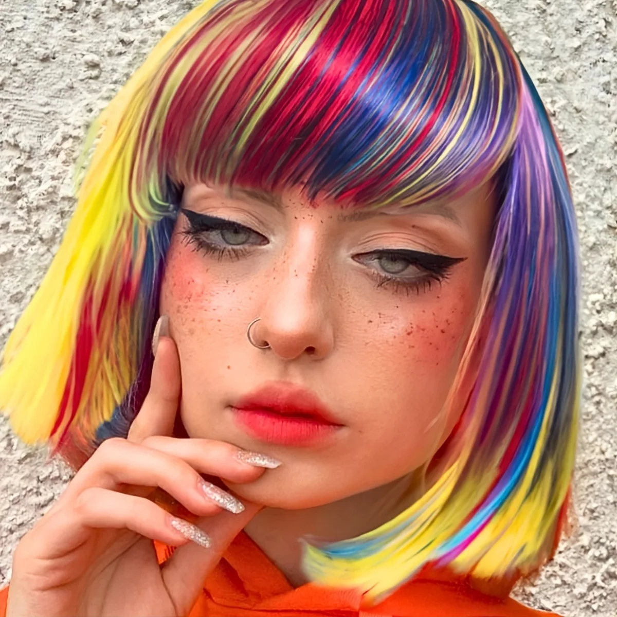 

Synthetic Fashion Rainbow Colored Short Straight Middle Part Bobo Bob Wig for Women Party Cosplay Daily Use Adjustable Hairpiece