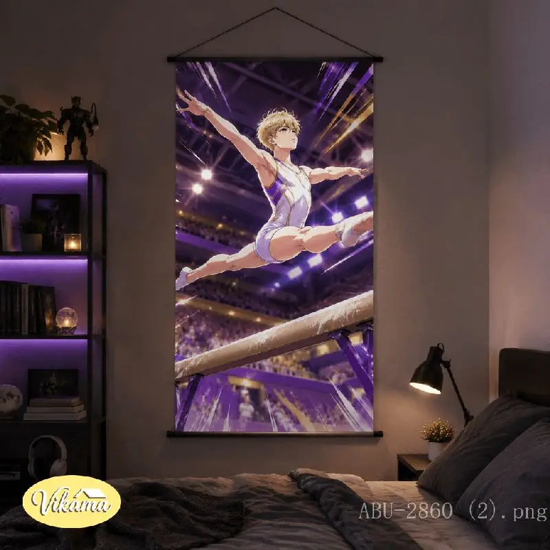 VIKAMA Anime Boy Gymnastics Tapestry Balance Beam Purple Uniform Stadium Sport Art Wall Hanging for Bedroom Living Room Decor