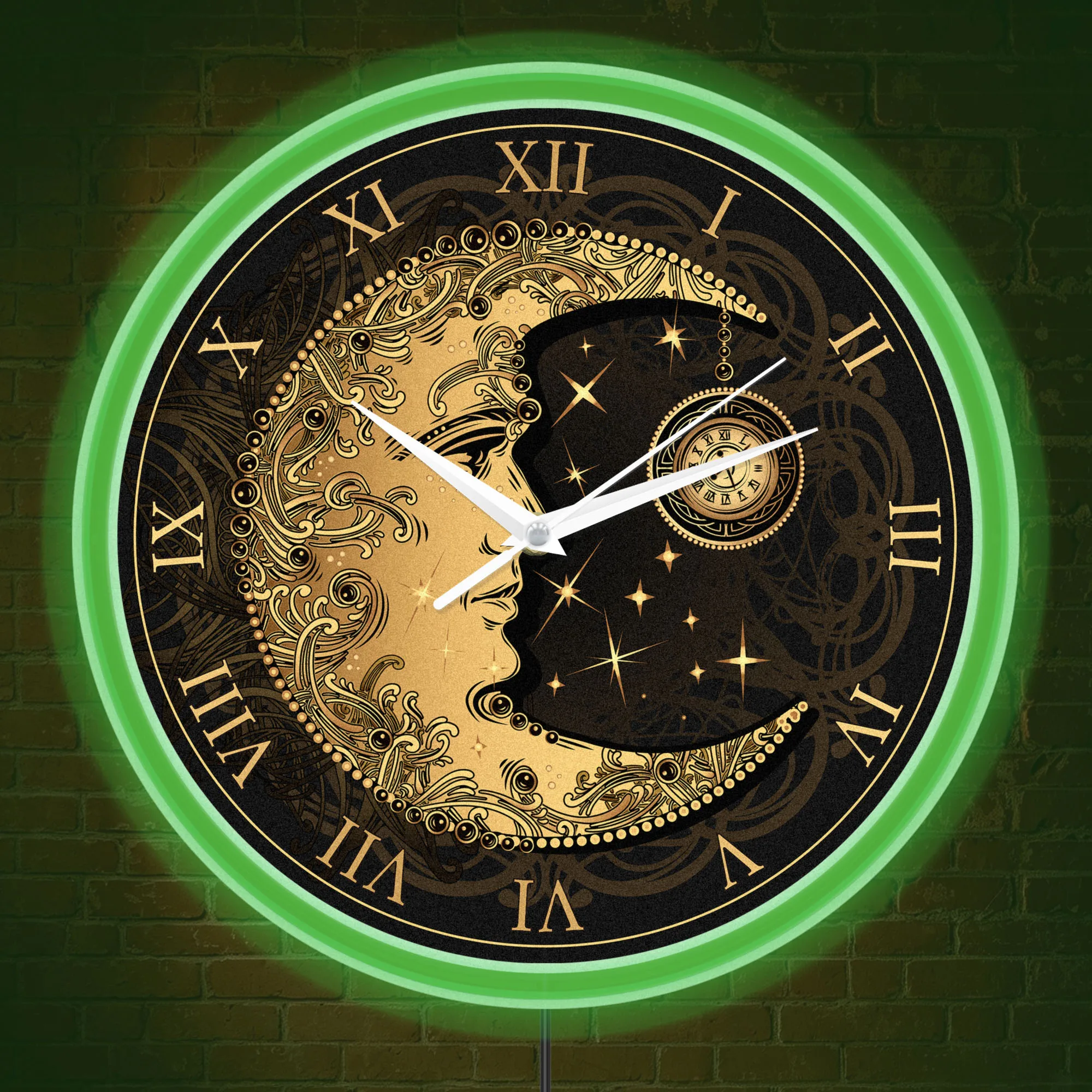 Antique Golden Crescent Moon Wall Clock with Glowing Neon Border Bohemian Home Decor Celestial Moon Face LED Light Up Wall Clock