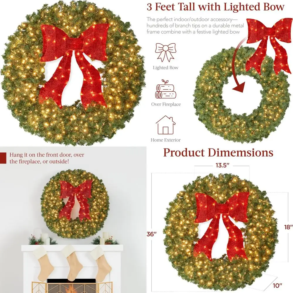 

Большой 36-дюймовый рождественский венок из искусственной ели с предварительной подсветкой и красными огнями - акцент для праздничного украшения двери и каминки