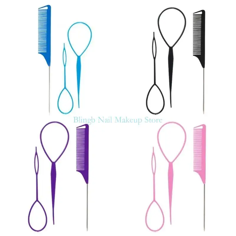 28TA 3 Pieces Hair Tail Tools Set Tail Comb Styling Combs Teasing Combs Parting Combs French Braid Tool Loop for Women
