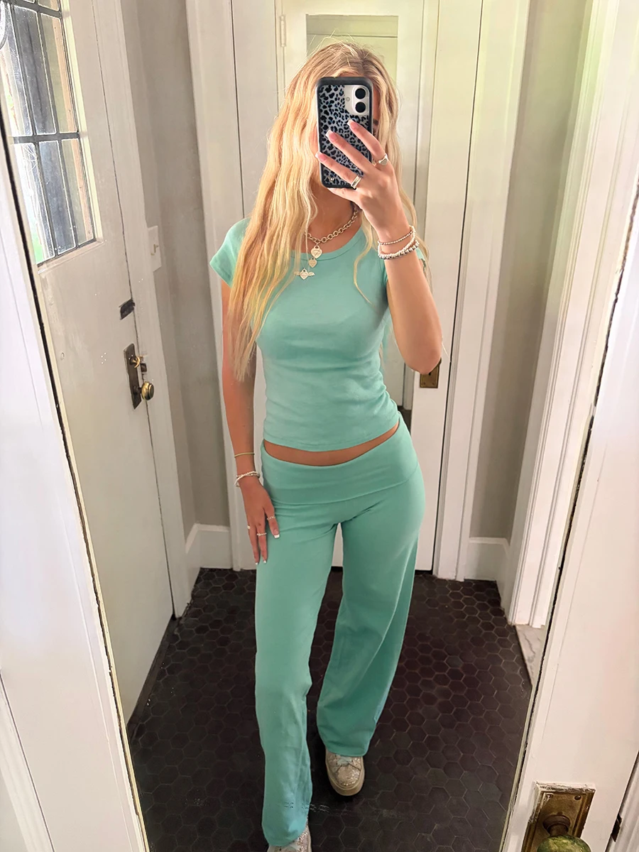 Mint Green Flip up Skinny Pants Women Summer Simple Elastic Cotton Yoga Long Flare Pants Sweet Chic Casual Y2K Sport Trousers