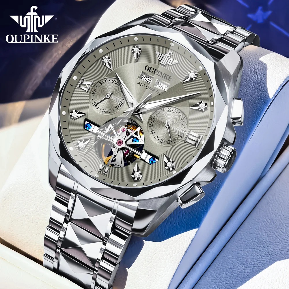 OUPINKE Men's Watches Luxury Business Top Brand Original Automatic Mechanical Watch for Man Tungsten Steel Sapphire Flywheel New
