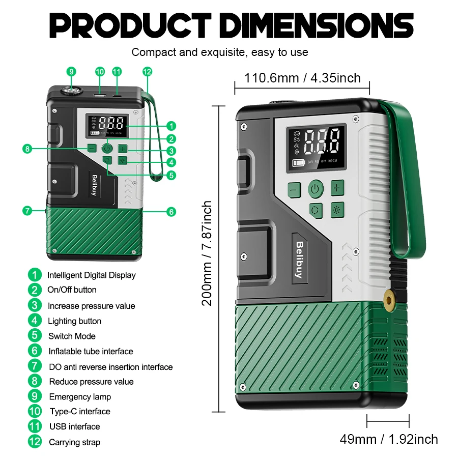

Car wireless tyre inflator 4-in-1, 12V car emergency starter, air compressor, portable power bank and battery jump starter