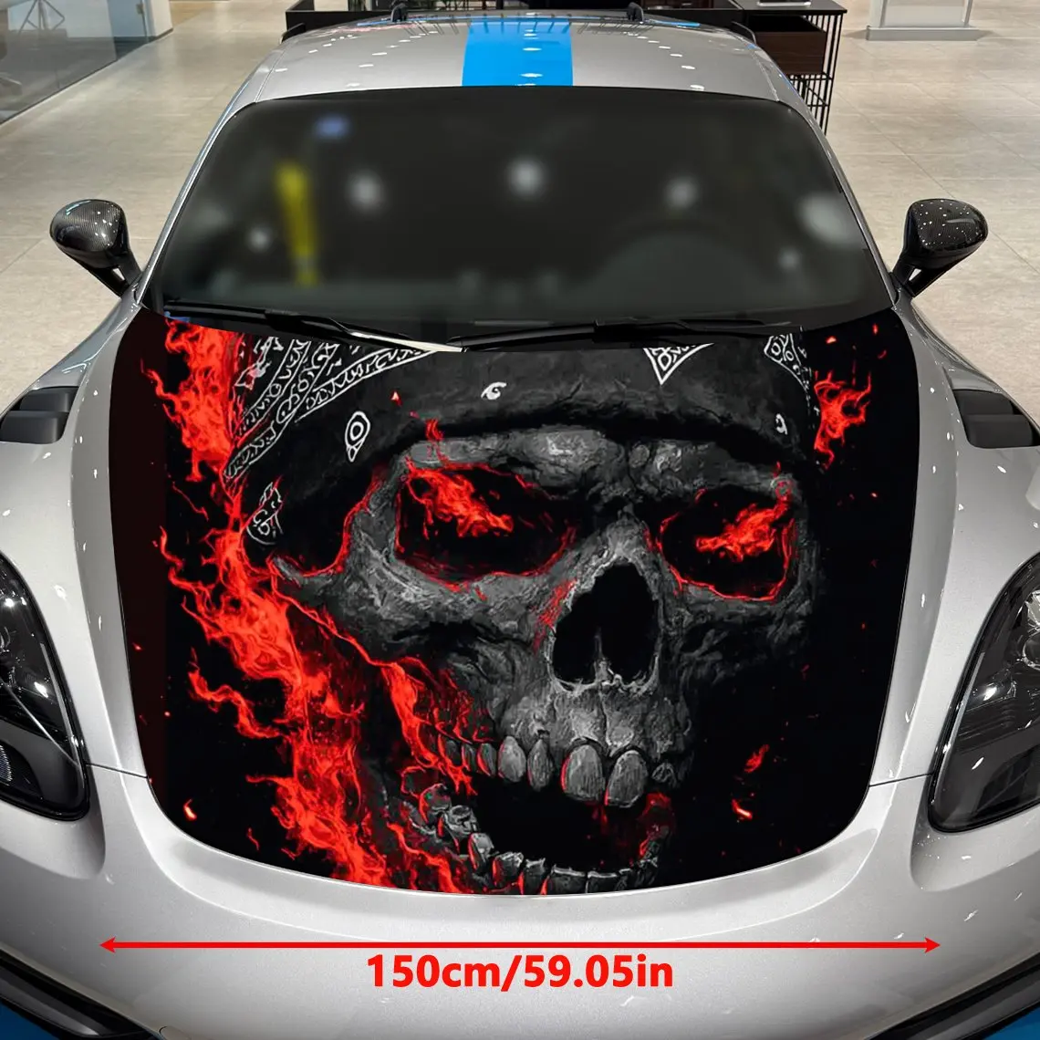 Headscarf Flame Skull Pattern Car Hood Stickers, Decorative Car Wrap, Bold Designs, Halloween Decorations, Car Parts Accessories
