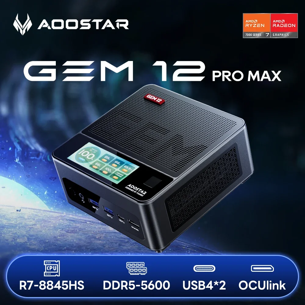 AOOSTAR GEM12 PRO MAX Mini PC Ryzen 7 8845HS, 2 USB4/ 2 DDR5/ 2 SSD/2 2.5G LAN, คอมพิวเตอร์เดสก์ท็อปสําหรับเล่นเกมพร้อม OCuiLink/HDMI/DP