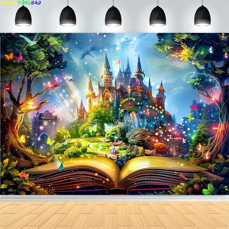 Conto de fadas místico castelo medieval fotografia cenários adereços paisagem bruxa livro mágico fantástico mundo floresta fundo ma08
