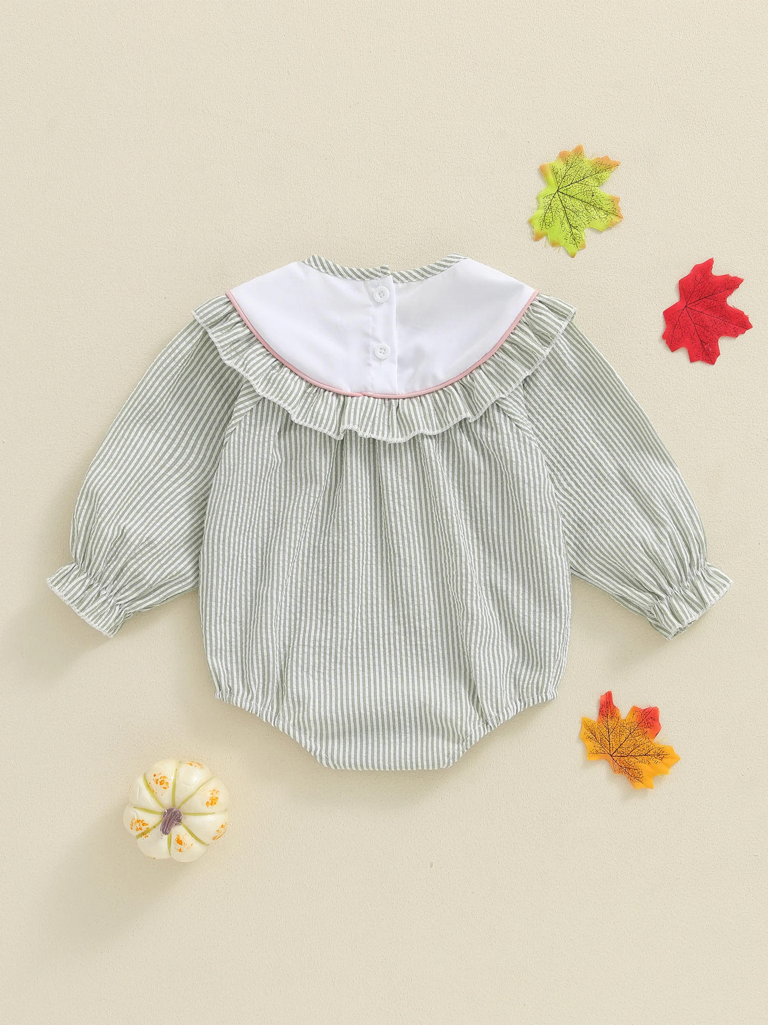 

Комбинезон на День Благодарения для маленьких девочек с вышитыми полосатыми принтами и рюшами вокруг шеи — комбинезон с длинными рукавами для