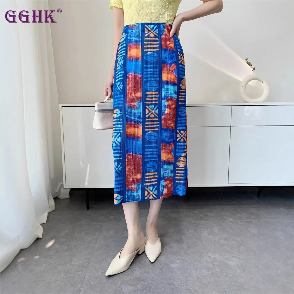 

Summer New Women Half Skirt with Digital Printing Pattern Pleated Comfortable Fabric Loose Oversized Elastic Female Half Skirt