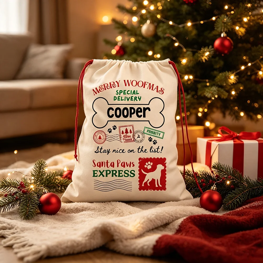 Personalized Merry Woofmas Dog Gift Bag Santa Paws Sack Christmas Pet Drawstring Bag Winter Holiday Home Decor Dog Lover Gift