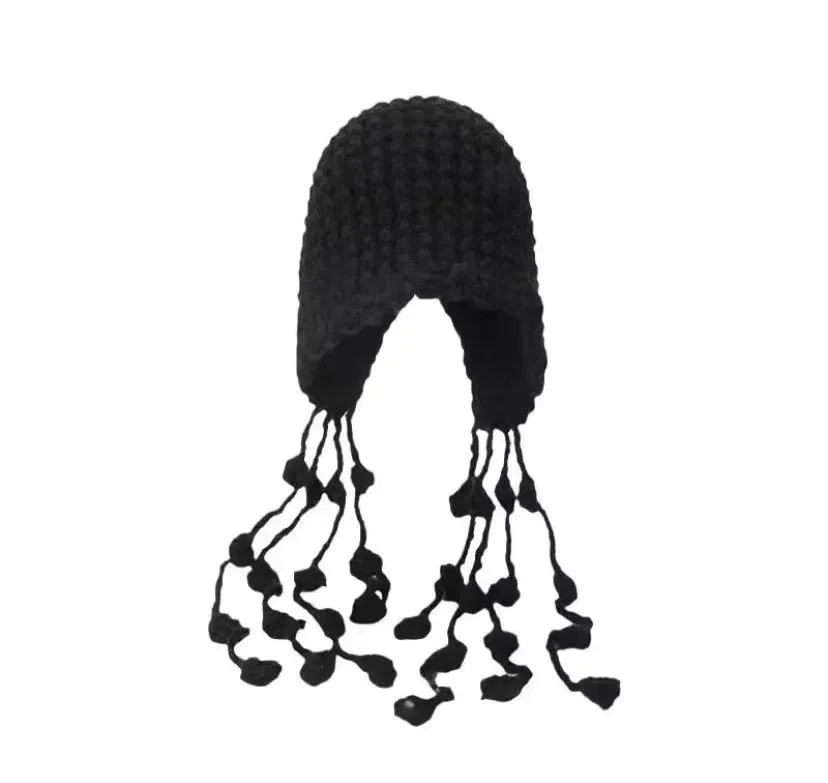 Fashion handwoven tassel ball wool hat warm ear strap knit hat