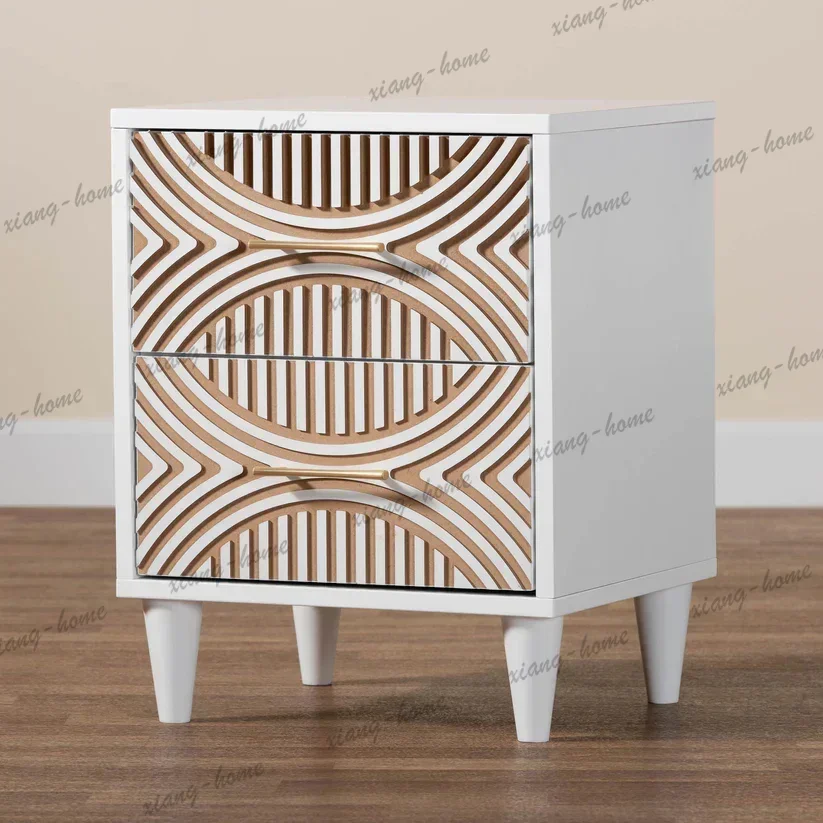 Best Sellers Hand Carved Convertible Solid Teak Wood Nightstand Geometric Pattern | Modern 2-Drawer Apartment Bedroom & Living R