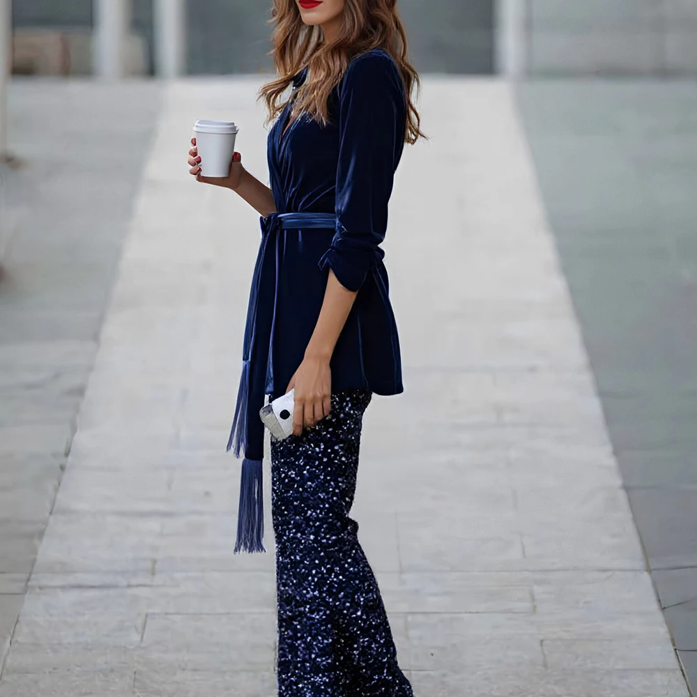 معطف نسائي ذهبي مخملي بشرابة كاجوال فضفاض مناسب للخريف والشتاء وطية صدر السترة برباط للحفلات ملابس خارجية على الطراز الأوروبي الأمريكي #3