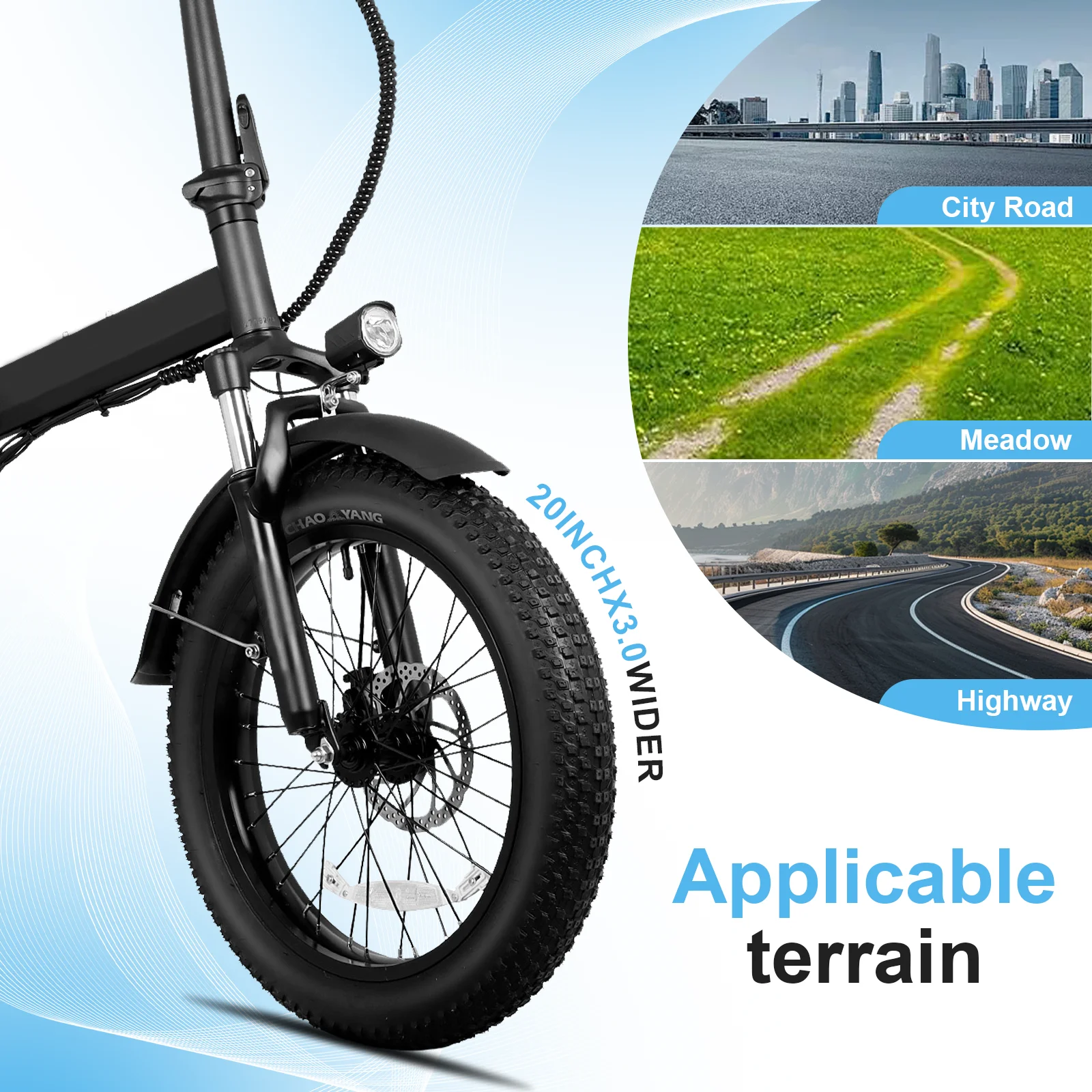 750W adult folding electric bicycle 48V 32Ah detachable battery, 20 inch x 3.0 inch wide tire electric bicycle, adjustable seat