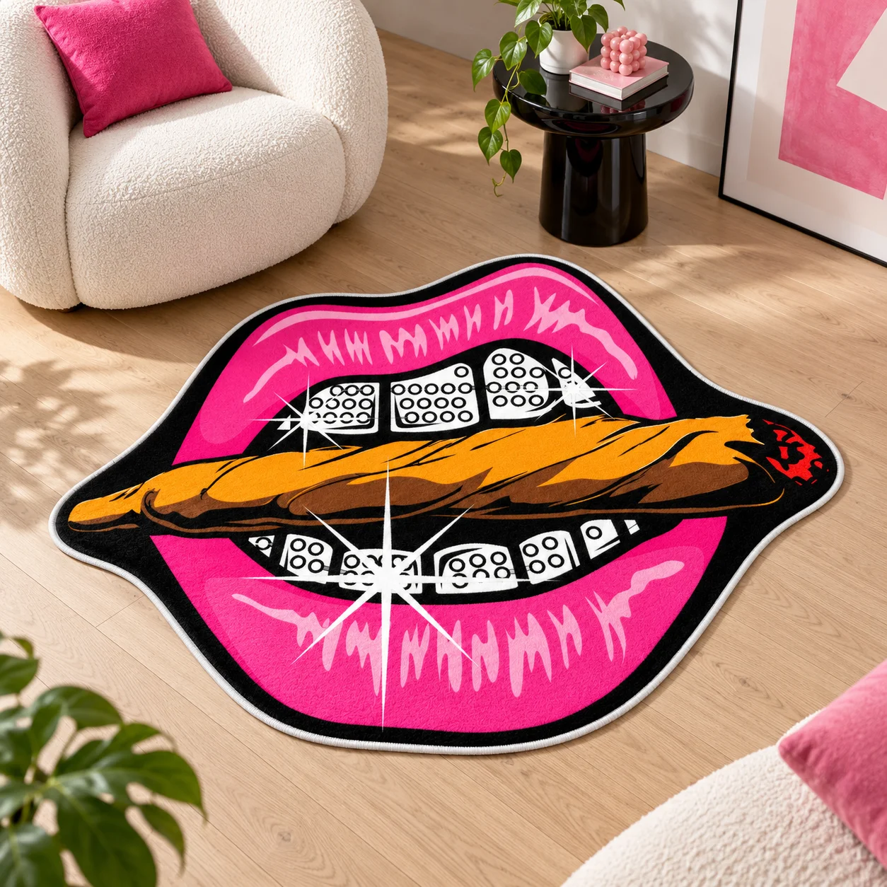 Pink Lips Cigar Shaped Area Rug, Glam Pop Art Floor Mat for Bedroom Dressing Room Lounge, Bold Modern Novelty Home Decor Gift