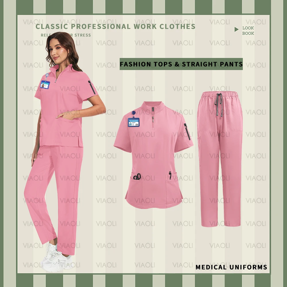 Medical Uniforms Fashion Stand Neck Pocket Pants Set Nurse Doctor Workwear Hospital Oral Dental Surgery Suits Short Sleeve Women