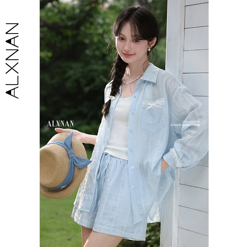 ALXNAN เสื้อสีฟ้าบางป้องกันแสงแดดหลวม Fit เสื้อแขนยาวฤดูร้อน Elegant Holiday Beach เสื้อลําลองสุภาพสตรี L56650