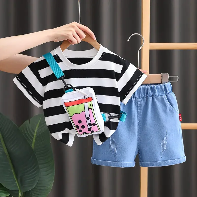 

New Baby Boys Girls Summer Clothes Cotton Strips Sports Infant T Shirt Shorts With Bag Children Clothing Tracksuits Set 0-5 Year