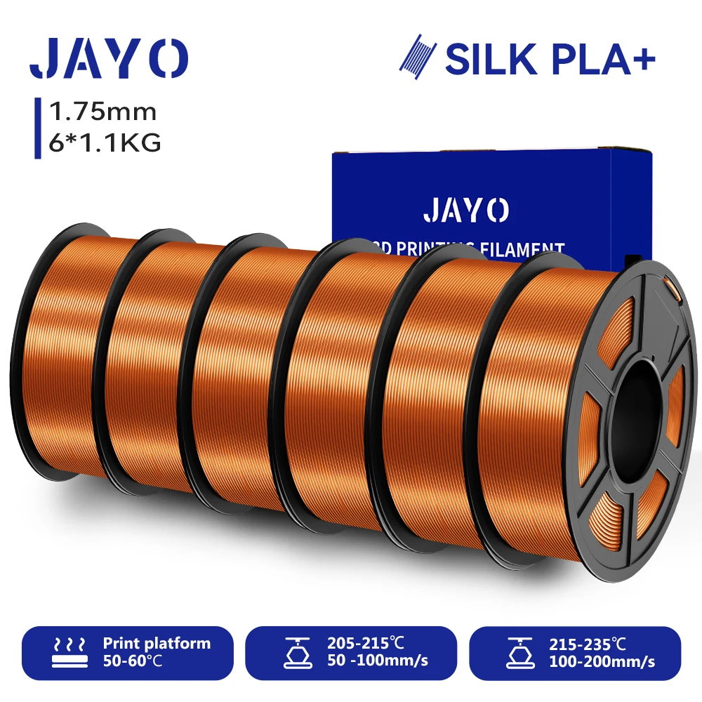 JAYO 6 Rollen SILK PLA + Filament 1,75 mm SILK PLA Plus Filament, glatte, seidige, glänzende Oberfläche, 3D-Filament, geeignet für FDM-Drucker