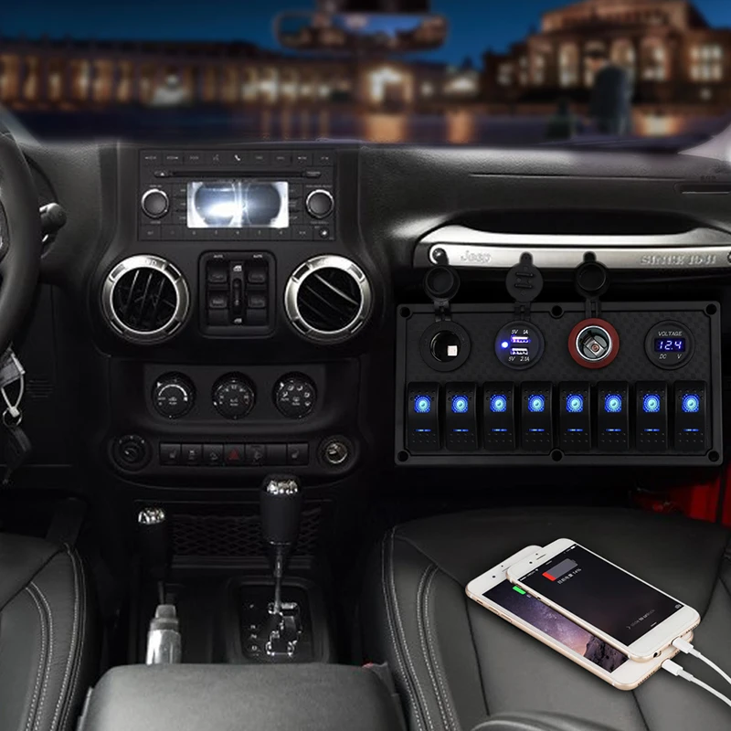 Waterproof Boat Marine Switch Panel + USB Power Socket + Dual Cigarette Lighter + Led Voltmeter 8 Gang Car Rocker Switch Panel - Image 6